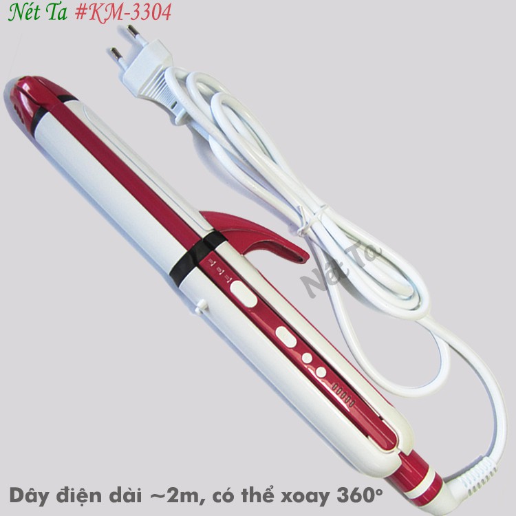 Máy tạo kiểu tóc uốn, duỗi, bấm tóc 3in1 điều chỉnh 5 mức nhiệt Kemei KM-3304 (Hồng phối trắng)