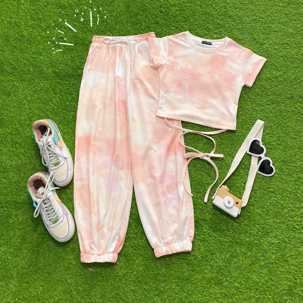 Set áo croptop cột đây loang màu + quần dài tie dye cryaotic10