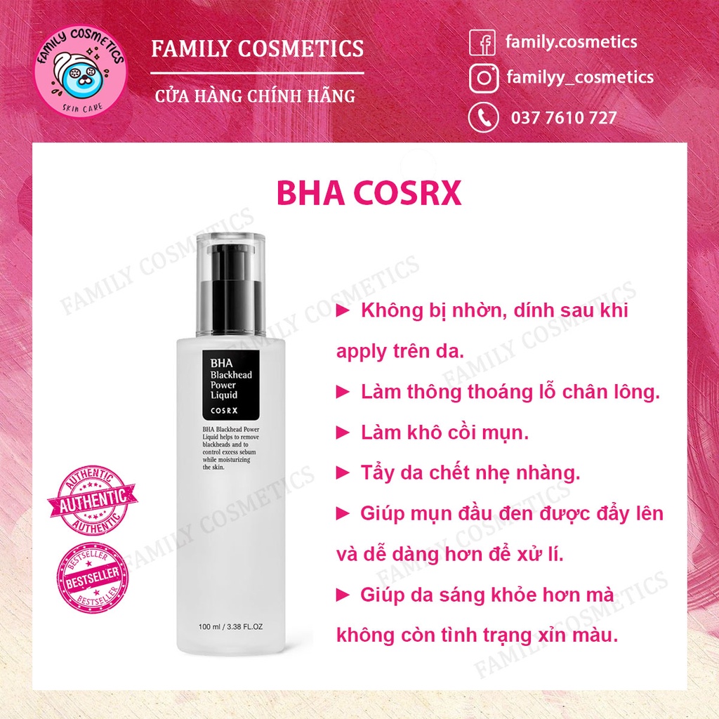 Tẩy tế bào chết hóa học COSRX BHA Blackhead Power Liquid 100ML - Family Cosmetics