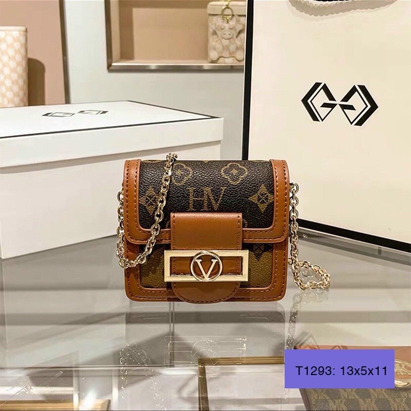 Túi xách nữ đeo chéo mini nhỏ gọn đi chơi giá rẻ hoạ tiết hoa nâu viền cam