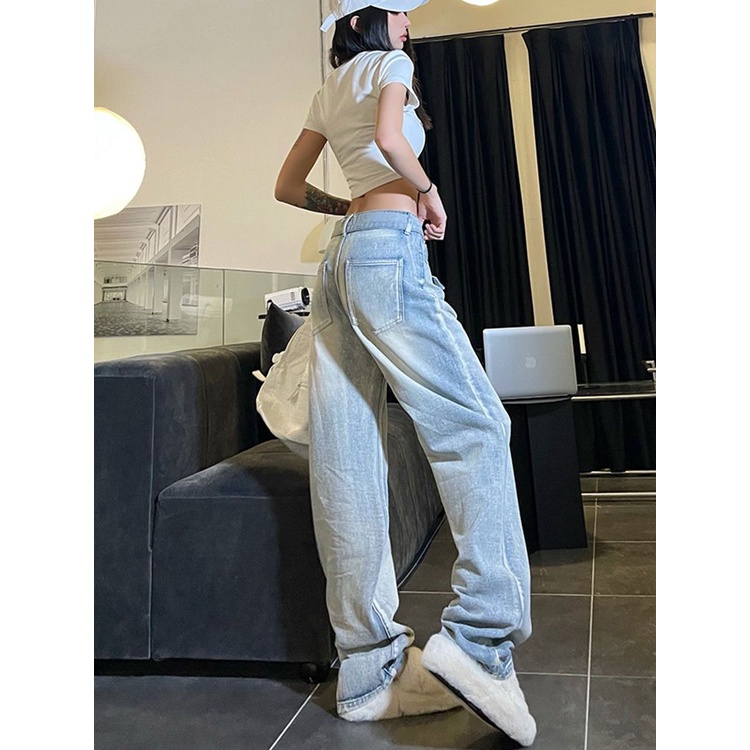 Quần Jeans Nữ Lưng Cao Ống Rộng Phong Cách Retro