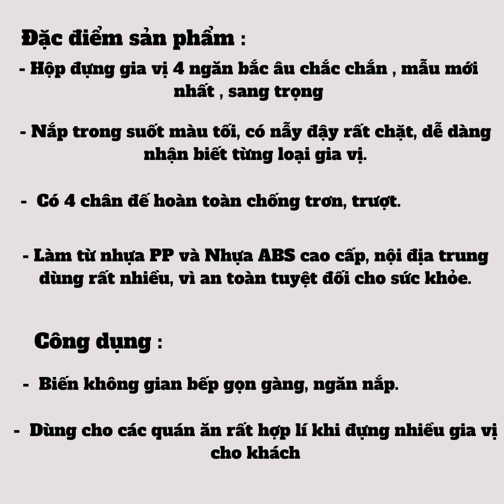 Hộp đựng gia vị 4 ngăn cao cấp, nắp trong suốt, chân chống trượt, chống bám bụi, dầu mỡ Bắc Âu 27cm