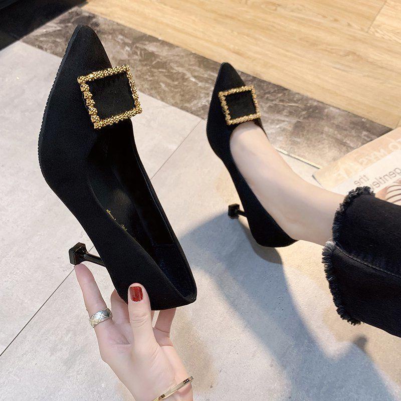 High Heels Female Pointed Toe 2020 Autumn New Korean Style Buckle Black Work Shoes Shallow Mouth Stiletto Professional S