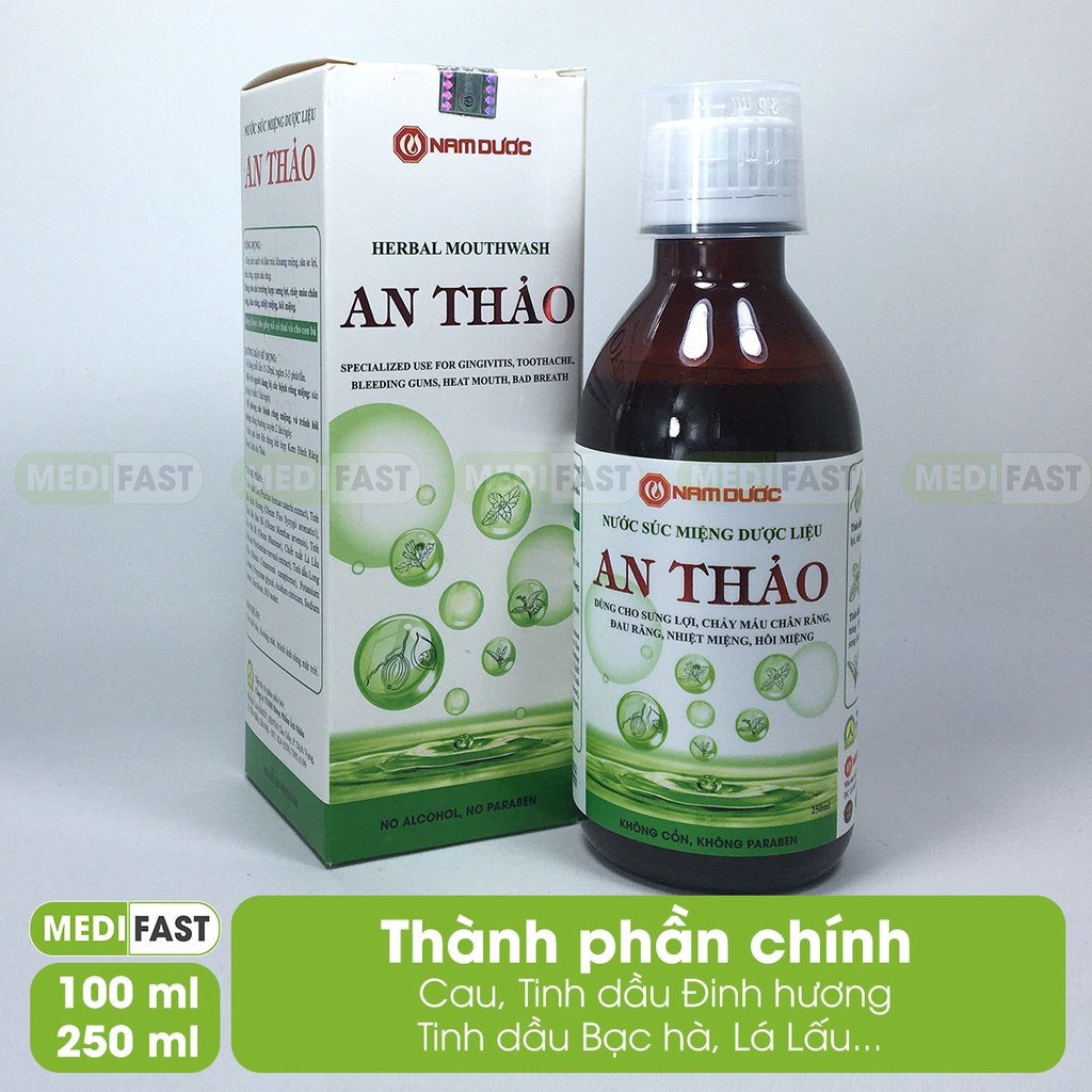 Nước súc miệng An Thảo từ thảo dược phòng các bệnh răng miệng từ vỏ cau, tinh dầu bạc hà, đinh hương