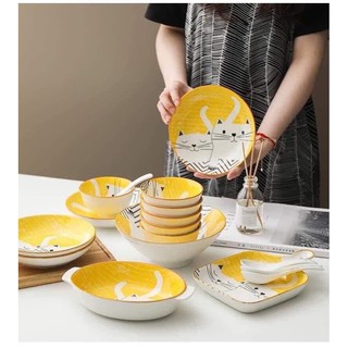 BỘ BÁT ĐĨA MÈO-SET BÁT ĐĨA MÈO VÀNG ĐẸP CUTE