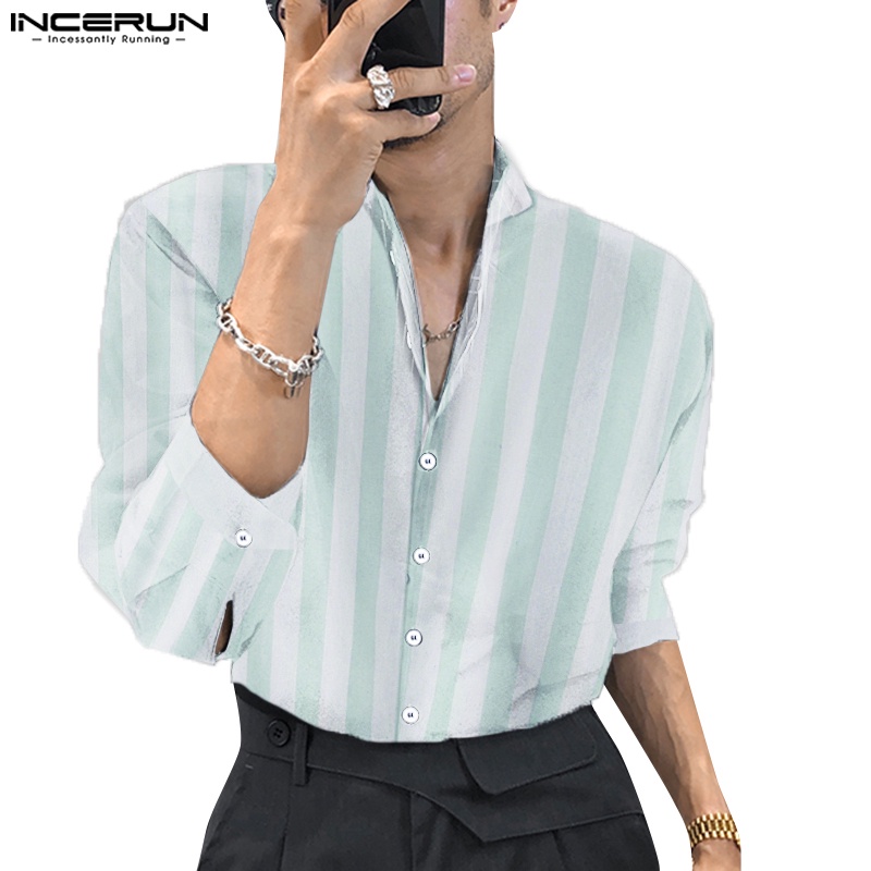 INCERUN Áo Sơ Mi Henley Dài Tay Cổ Tròn Họa Tiết Kẻ Sọc Cho Nam