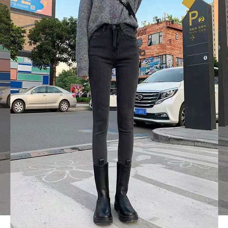 Quần Jeans Nữ Dài Lưng Cao Ôm Chân Màu Đen / Xám Khói Phong Cách Hàn Quốc