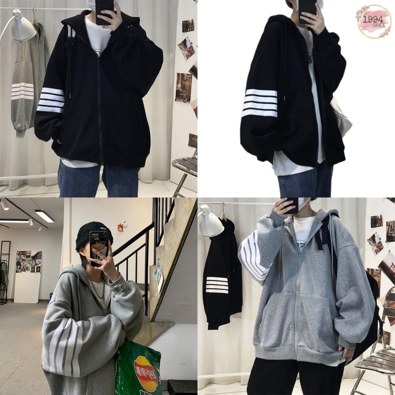 Áo hoodie form rộng nam nữ unisex, áo khoác nỉ bông 3 sọc có mũ 2 lớp phong cách hàn quốc ulzzang