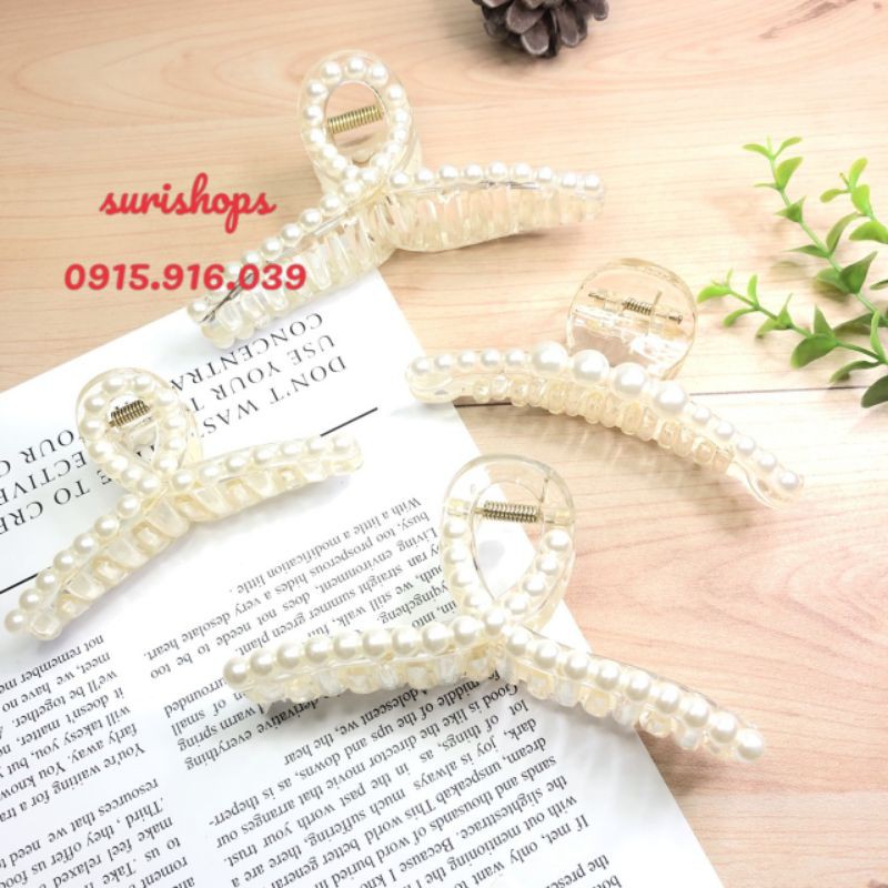 Kẹp tóc càng cua dài hạt châu nhựa