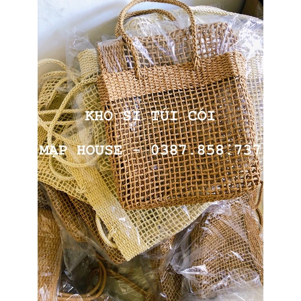 Giỏ cói Tote xách vuông - đan lưới caro thưa - phong cách Vintage