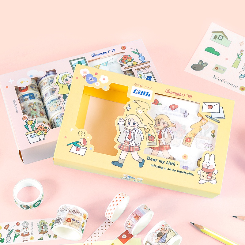 Bộ hộp 10 cuộn băng dính washi tape + 10 stickers GuangBo 4 chủ đề trang trí sổ Bullet Journal H97044