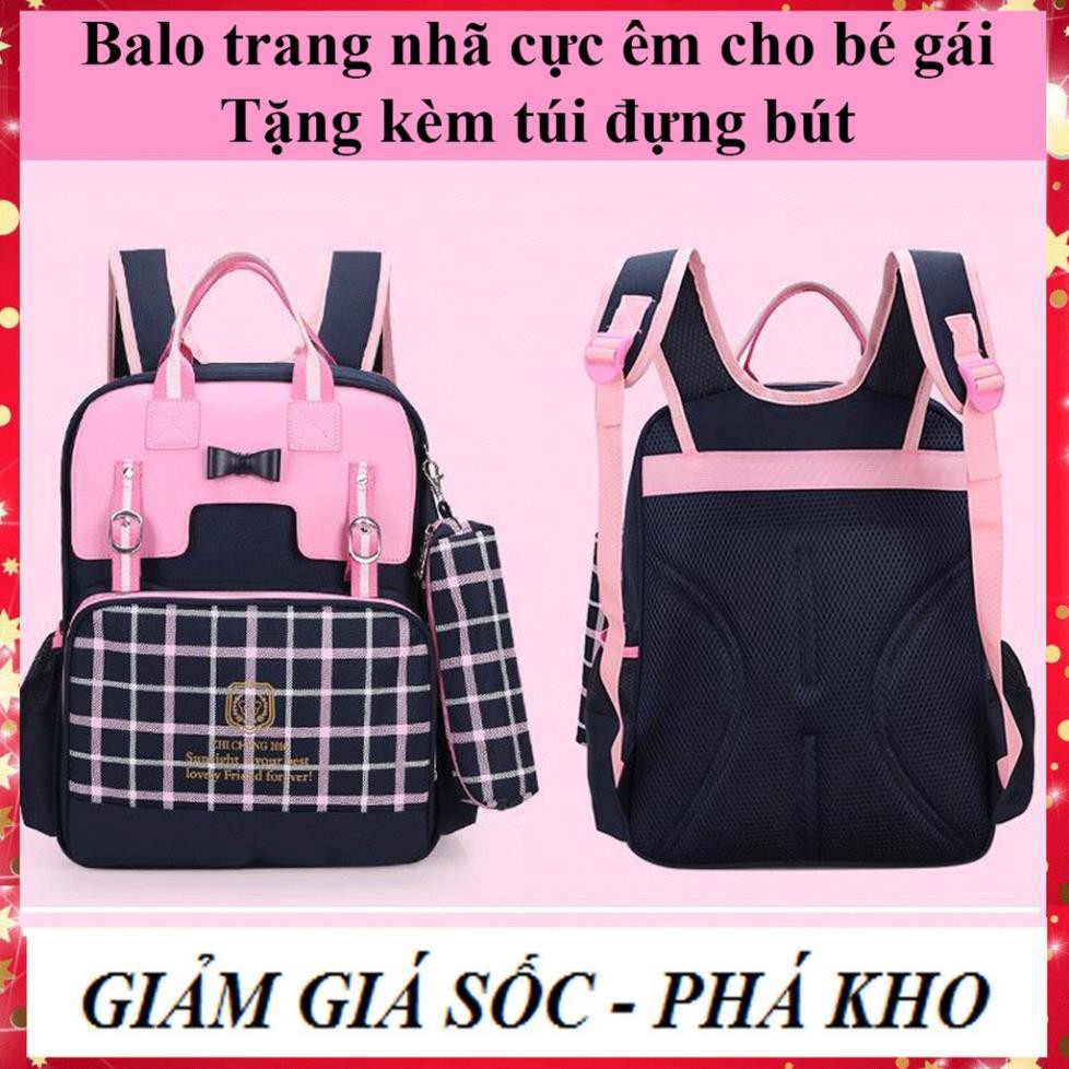 Cặp sách Balo kẻ caro trang nhã chống gù lưng chống thấm nước cho bé gái tiểu học, trung học (cấp 1, 2)  kèm hộp bút