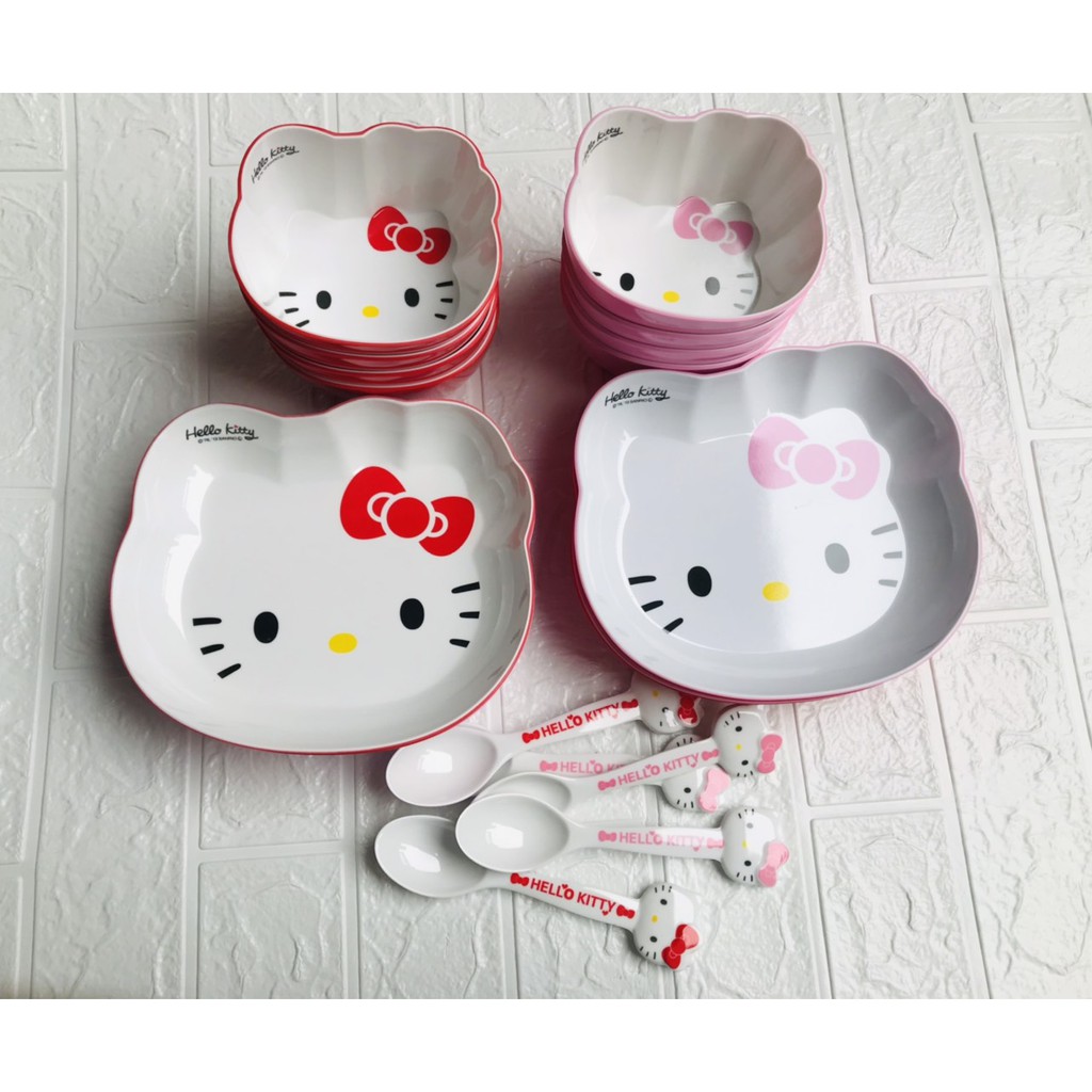 Bát Đĩa Thìa Giả Sứ Hình Mèo Hello Kitty Siêu Đáng yêu Cho Bé Ăn Dặm