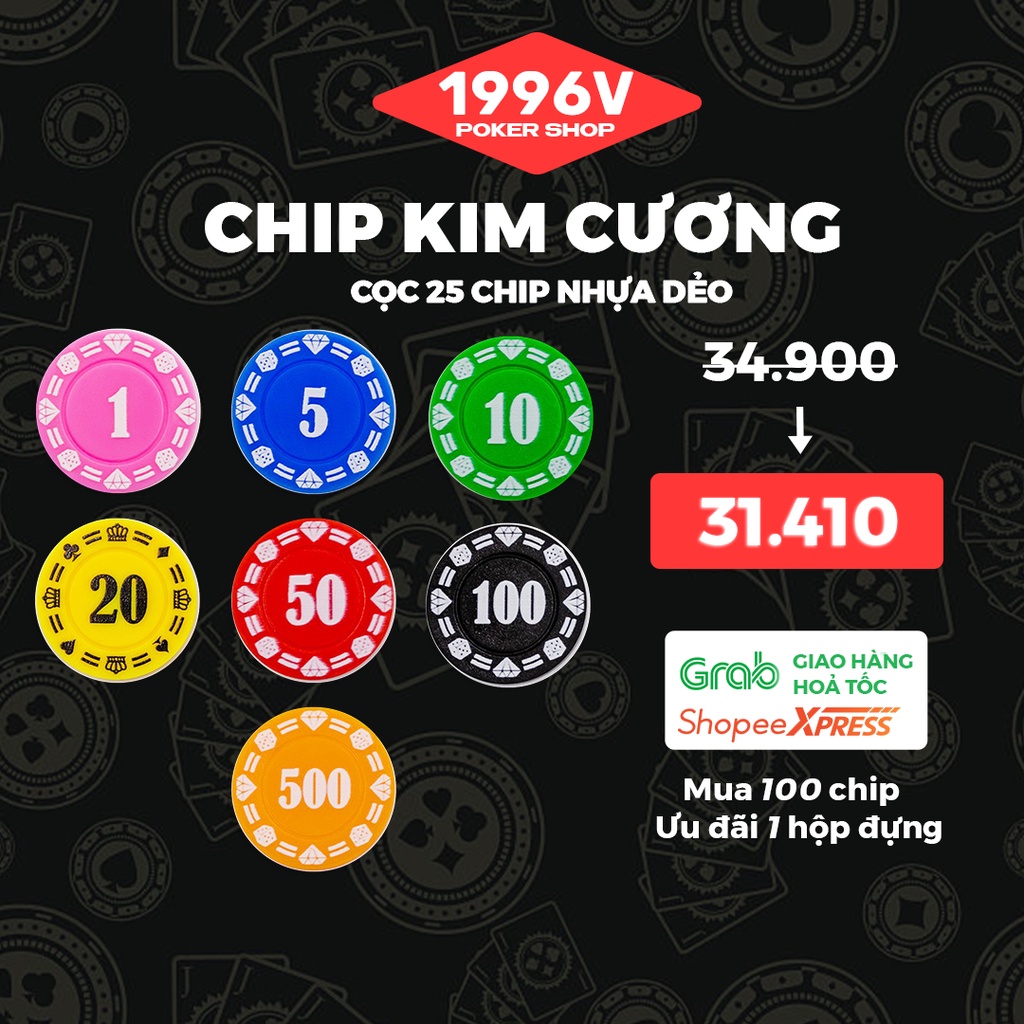 Cọc 25 chip Poker có số, phỉnh poker Kim Cương chip set pocker nhựa dẻo đẹp giá rẻ - 1996V Poker Shop