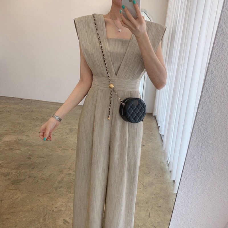 Korean-StylechicSummer Retro Square Collar Waist Slimming Loose All-Matching Long Sleeveless Jumpsuit Wide Leg Pants for Women | BigBuy360 - bigbuy360.vn