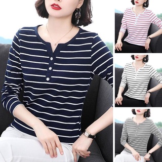 Áo thun tay dài cổ chữ V họa tiết kẻ sọc thời trang cho phụ nữ trung niên