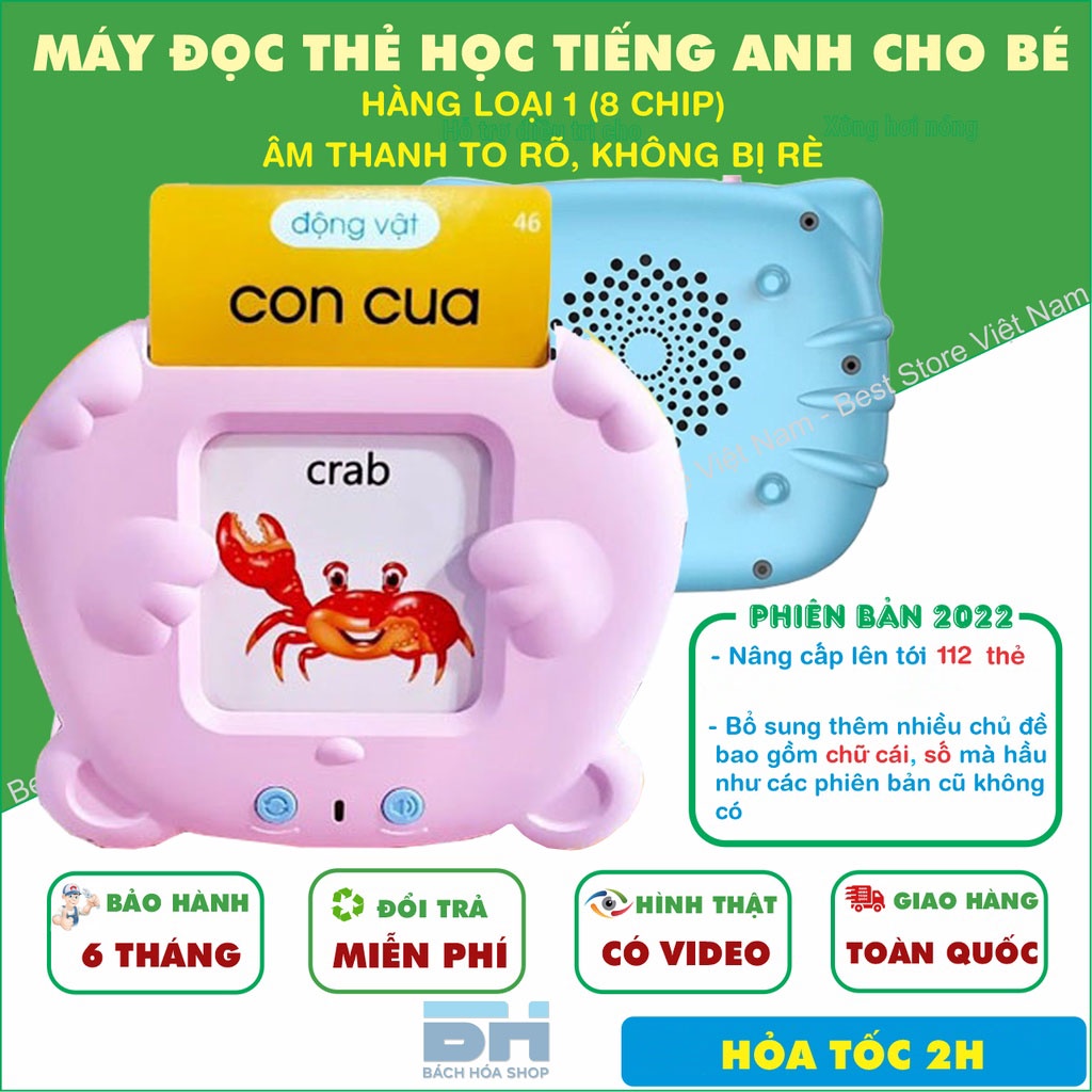 [Bản 2022] Máy đọc thẻ Anh - Việt flashcard, 112 thẻ 224 từ khoá và 12 chủ đề, không có sóng điện từ, an toàn cho bé