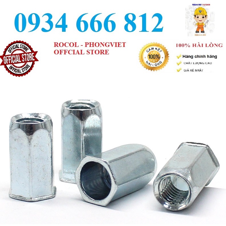 Ốc rút lục toàn thân chân nhỏ M4,M6,M8 thép mạ