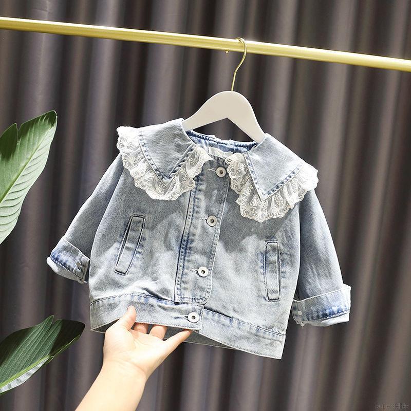 Áo khoác denim dáng rộng phối ren phong cách phương Tây cho bé gái 1-7 tuổi