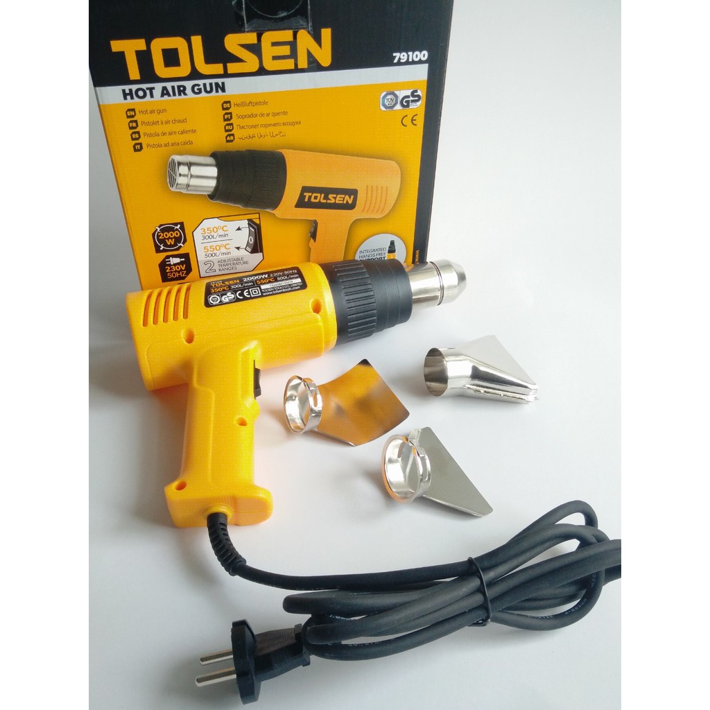 Máy khò nhiệt, máy sấy màng co Tolsen 79100 Công suất 1000w-2000W cho nhiệt độ cố định 350-550 độ C, làm nóng cực nhanh