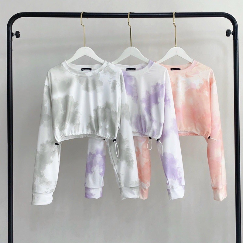 Áo Croptop Dây Rút Loang Tay Dài Ảnh Thật