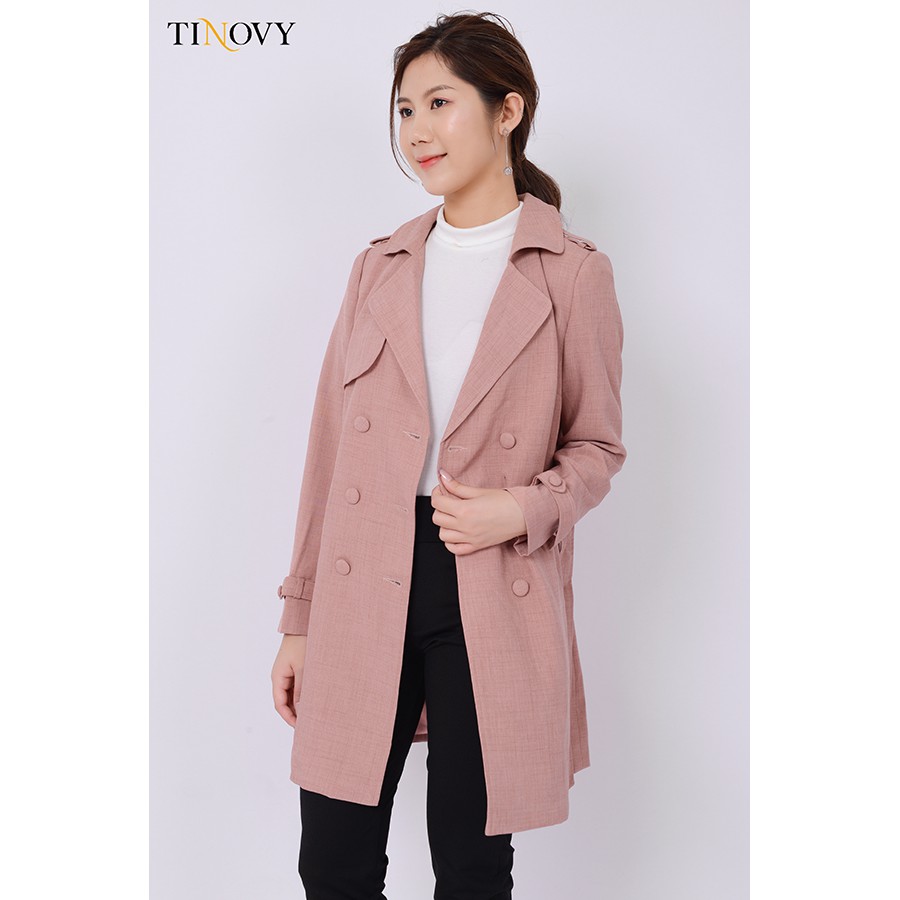 Áo Măng Tô Nữ TINOVY Dáng Dài Cổ 2 Ve Ba Hàng Khuy Kèm Đai H0999