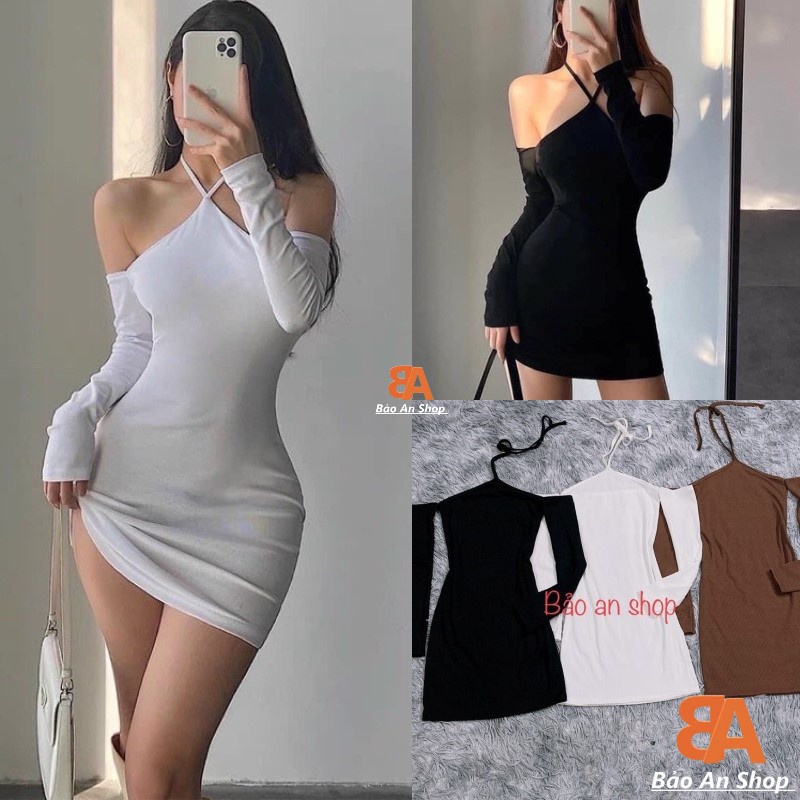 Đầm body gân dây kiểu ôm tay dài trễ vai cổ yếm sexy