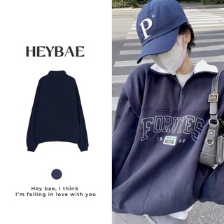 Áo sweater nỉ chui đầu oversize 1998 HEYBAE cổ bẻ khoá kéo dài tay dáng rộng nữ áo nỉ dài tay chui đầu AK028