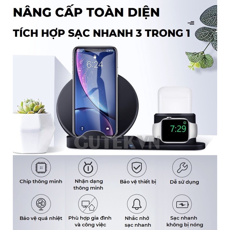 Đế sạc không dây 3 trong 1 sạc nhanh 10w cho IP smart watch tai nghe bluetooth aripods - Gutek BXD-08A