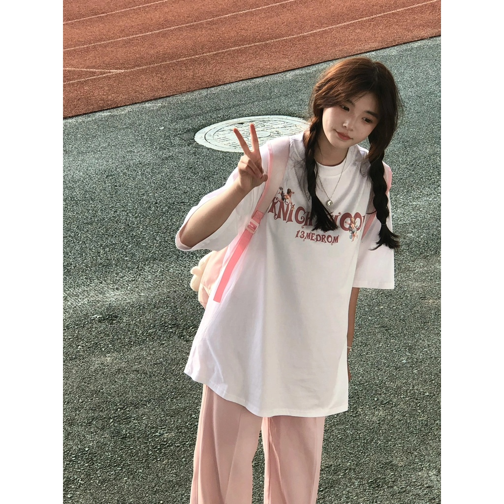 Áo thun XIAOZHAINV dáng rộng ngắn tay in họa tiết hoa và bướm phong cách retro cho nữ