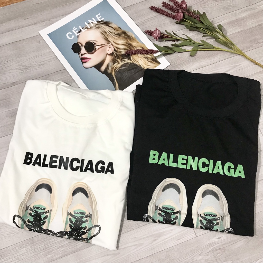 Áo Phông Balenciagaa Cotton Ngắn Tay In Hình Giày Dây Nổi Cá Tính