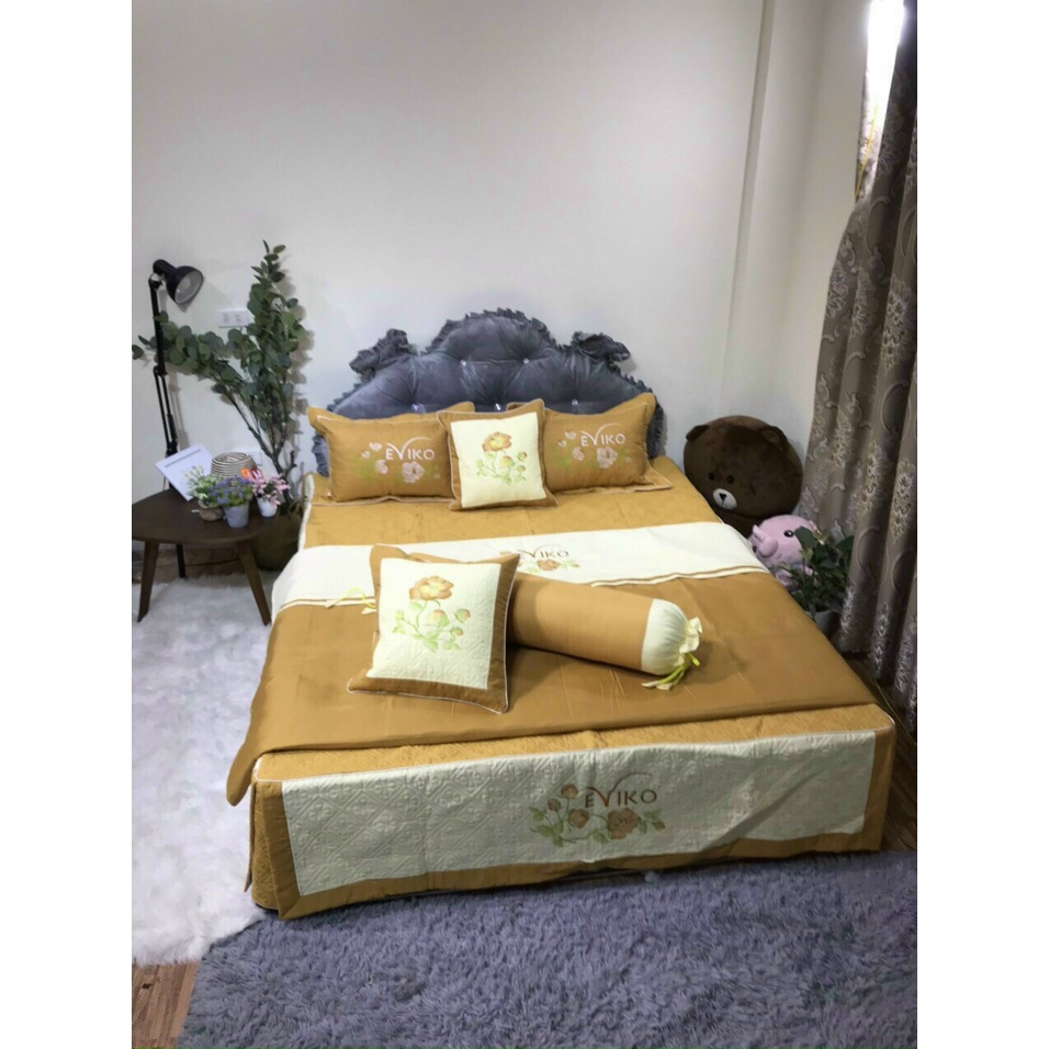 Set chăn ga gối satin 7 món thêu cực đẹp dùng phòng cưới,làm quà tặng biếu sang trọng có kèm túi