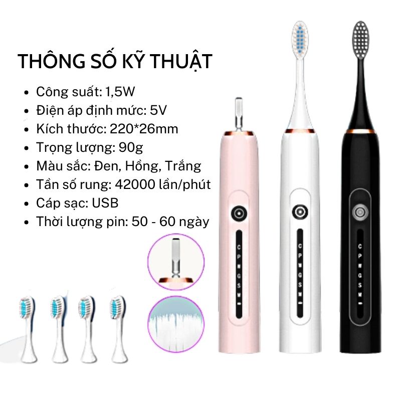 Bàn chải điện đa năng thông minh JIASHI 6 chế độ chăm sóc răng IPX7 chống nước tốc độ quay 42000 vòng/phút BCD02