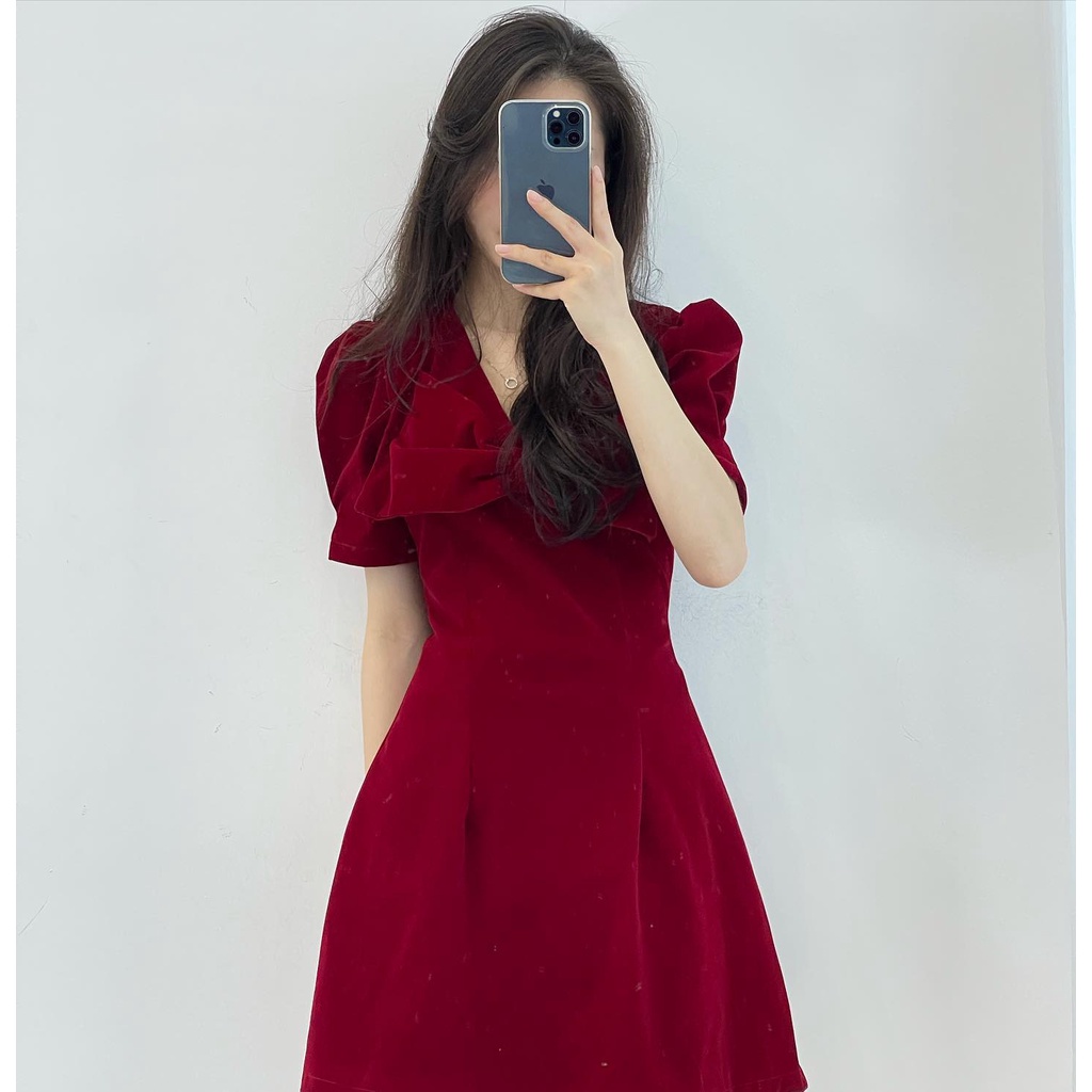 (FREESHIP) đầm nhung đỏ cổ nơ miho.house | BigBuy360 - bigbuy360.vn