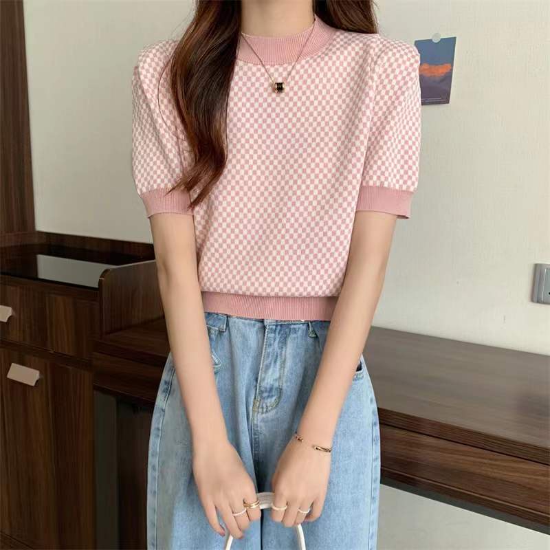 SUXI Áo Sweater Dệt Kim Tay Ngắn Cổ Tròn Dáng Rộng Họa Tiết Kẻ Sọc Màu Sắc Tương Phản Thời Trang Mùa Hè Cho Nữ