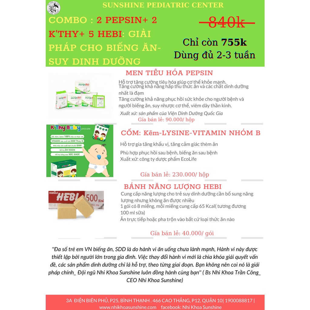 COMBO TIẾT KIỆM DÀNH CHO TRẺ BIẾNG ĂN - SUY DINH DƯỠNG: 2 PEPSIN + 2 K'THY + 5 BÁNH HEBI