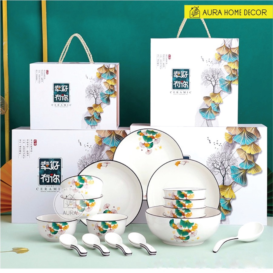 Bộ bát đĩa thìa 14 món / 22 món họa tiết lá sen mềm mại, uyển chuyển | Gốm sứ men bóng họa tiết vẽ tay