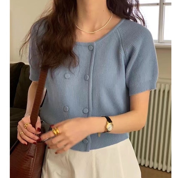 Áo Dệt Kim Tay Ngắn Cổ Tròn Hàng Nút Đôi Phong Cách Mùa Xuân Nhẹ Nhàng Kiểu Mới 49407