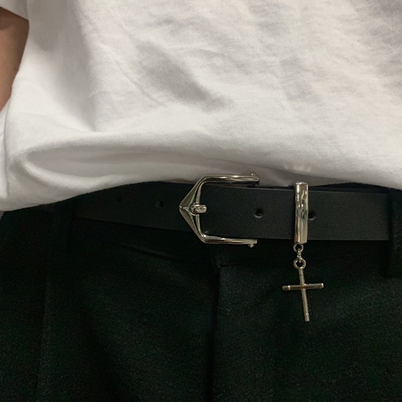 Thắt Lưng Da PU Màu Đen Phối Khóa Kim Loại Hình Thánh Giá Phong Cách Hip Hop Thời Trang Cho Nam Và Nữ