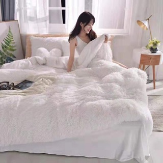 Bộ Chăn Ga Gối Nỉ Nhung Lông Cao Cấp Màu Trắng