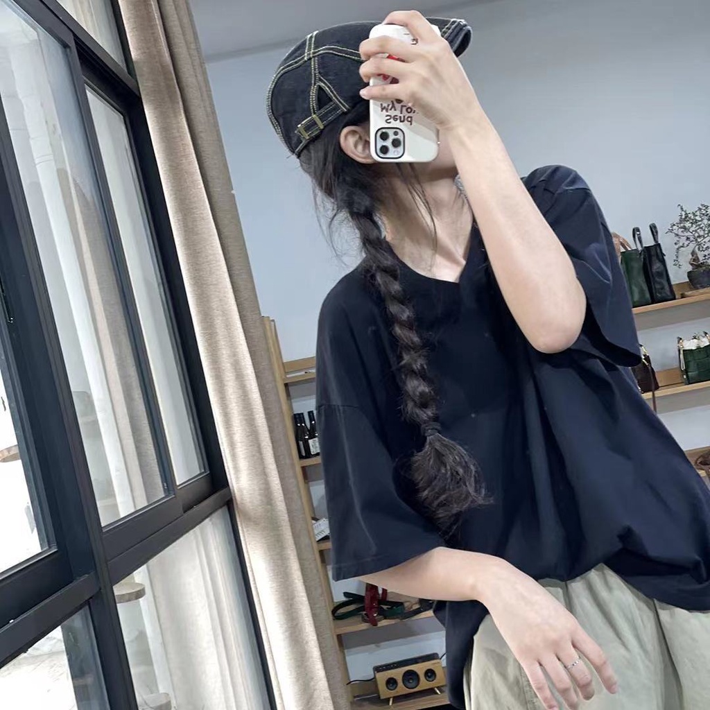 Áo Thun Ngắn Tay Dáng Rộng Lưng Ngắn Vải Cotton Mỏng Màu Trơn Kiểu Hàn Quốc Thời Trang Mùa Hè Cho Nữ