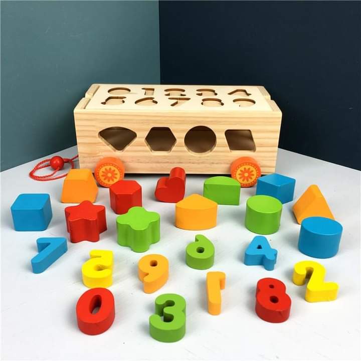 [XẢ KHO] Hộp đồ chơi xe kéo thả hình khối và số đếm nhiều màu sắc, đồ chơi gỗ cho bé phát triển trí tuệ