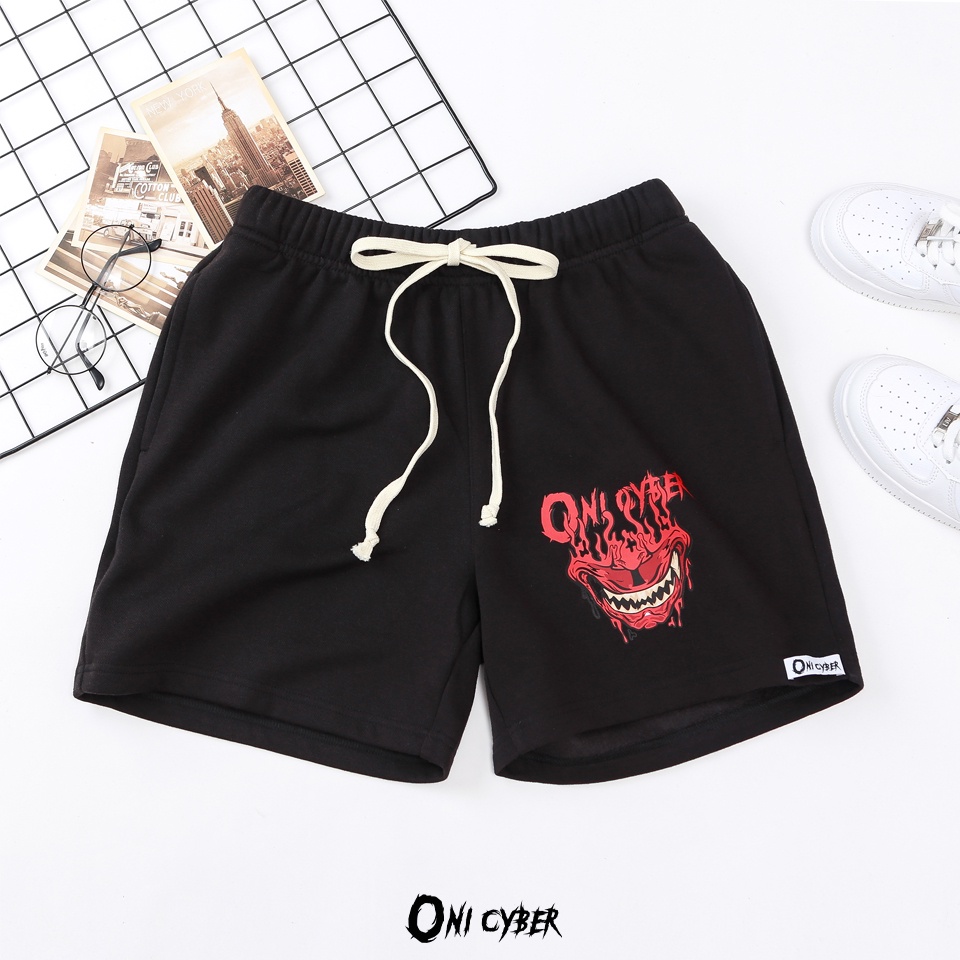Quần đùi ống rộng hiphop ONI CYBER chất đẹp, quần short nỉ Unisex nam nữ bassic 2 màu đen và màu be in logo QONI03 | BigBuy360 - bigbuy360.vn