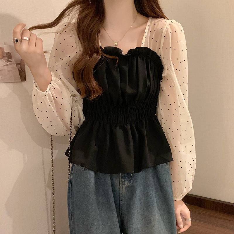 Áo Kiểu Dài Tay Cổ Vuông Họa Tiết Chấm Bi Thiết Kế Mới Thời Trang Mùa Thu Dành Cho Nữ