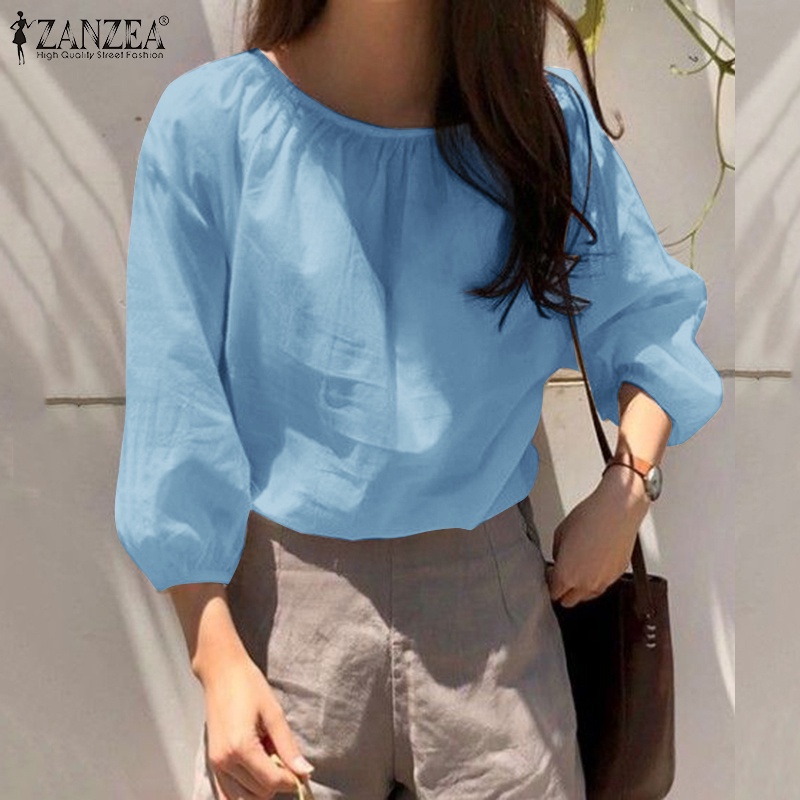 Zanzea Áo Kiểu Tay Phồng 3 / 4 Cổ Tròn Xếp Ly Thời Trang Đường Phố Thanh Lịch Cho Nữ