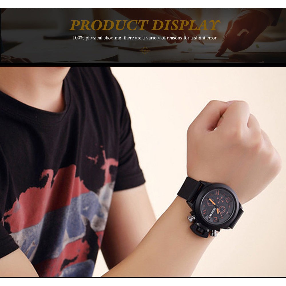 Đồng hồ đeo tay mặt chạm khắc 3D dây silicone đen chống nước dành cho nam MEGIR