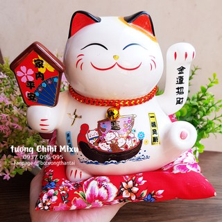 Mèo Thần Tài bằng sứ tay vẫy 16cm - thẻ bài may mắn đa phúc