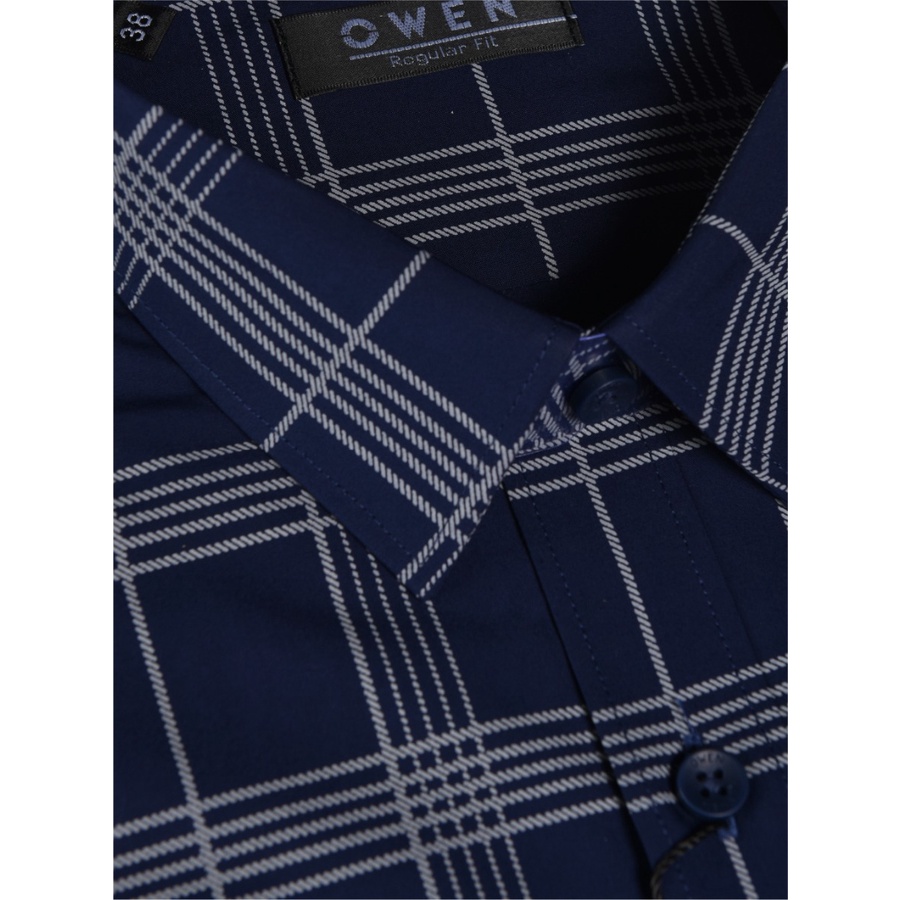 Áo sơ mi nam dài tay OWEN AR23381D somi công sở vải lô hội cao cấp màu xanh navy kẻ caro dáng suông tà lượn không túi