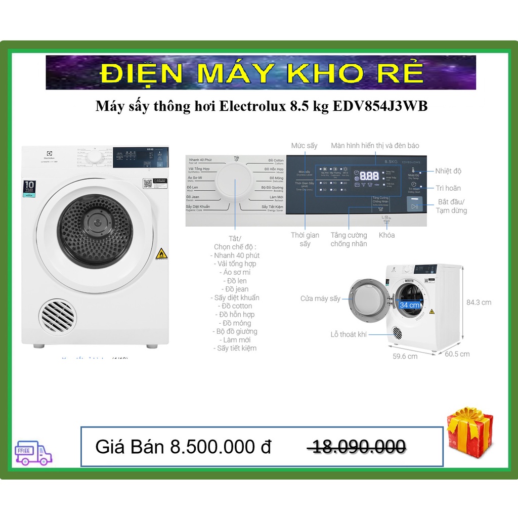 Máy sấy thông hơi Electrolux 8.5 kg EDV854J3WB 2022 - Điện Máy Kho Rẻ
