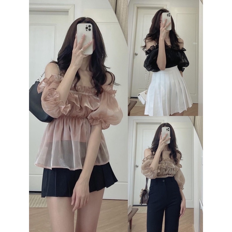 [Ảnh thật/Video] Áo Tơ Trễ Vai Suzy Ngực Bèo Nhún Sang chảnh Áo Trễ Vai Tay Bồng tiểu thư